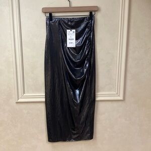 Zara RUCHED MIDI SKIRT Elastic Waist Pull On black metallic size S Womens NWT